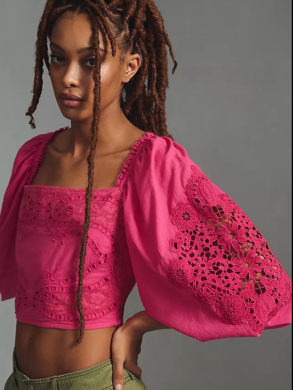 FARM Rio NWT Hot Pink Lace Square-Neck Crop Blouse size M MSRP$170